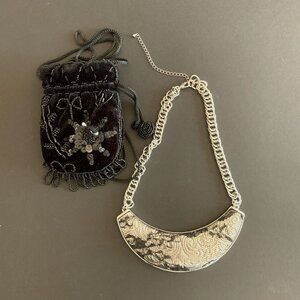 Silver and Lace Statement Necklace & Velvet Beaded Mini Bag